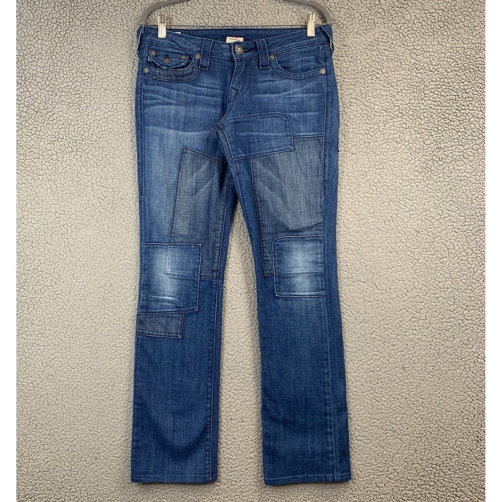 True Religion Blue Denim Flap Pocket Patches Horseshoe Jeans Womens Size 28 RARE